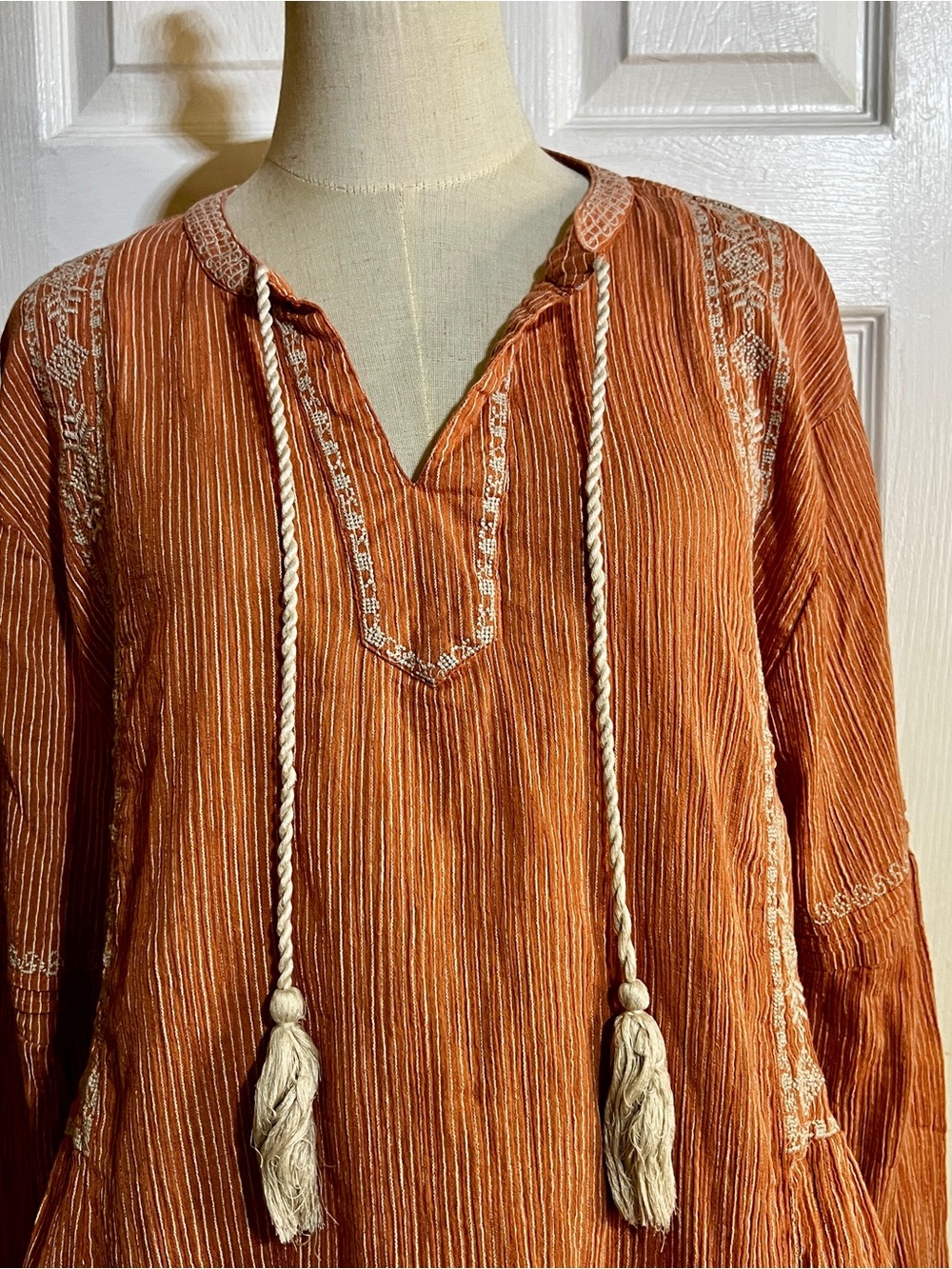 Garnet Hill Cotton Rusty Coral Embroidery Pleated Striped Tassel Peasant Top 18 - Picture 2 of 12